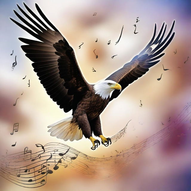 A majestic eagle soaring through the sky with musical notes and instruments surrounding it, creating a harmonious blend of nature and music