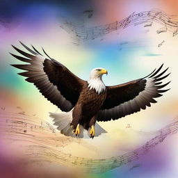 A majestic eagle soaring through the sky with musical notes and instruments surrounding it, creating a harmonious blend of nature and music