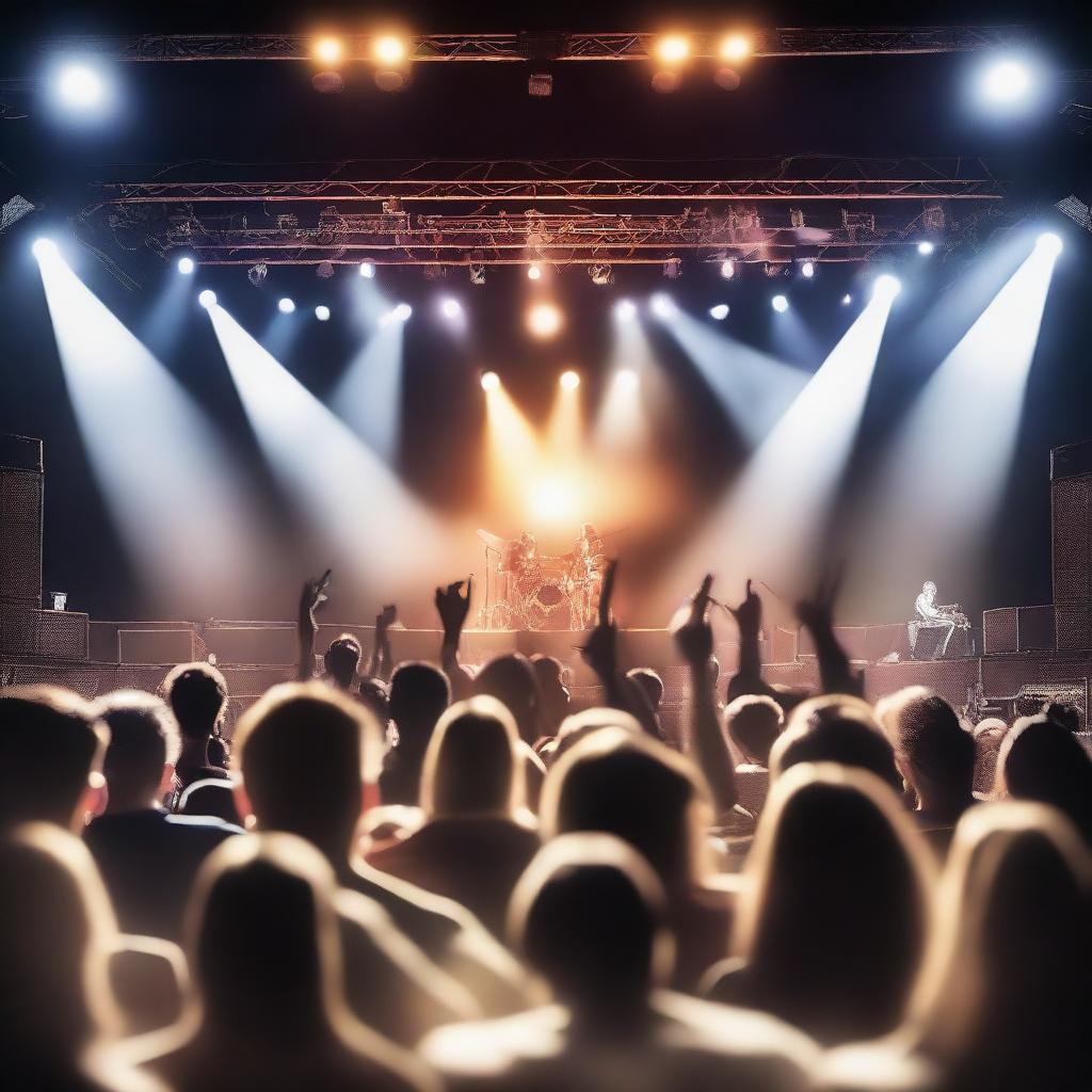 A dynamic rock concert stage with bright lights, energetic musicians, and a lively crowd