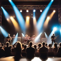 A dynamic rock concert stage with bright lights, energetic musicians, and a lively crowd