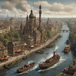 A steampunk-inspired depiction of Germany, presenting Berlin's cityscape interlaid with intricate machinery, the Rhine River bustling with steam-powered boats, and Black Forest unveiled with clockwork-infused wildlife.