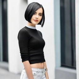 A girl with a stylish half bob haircut, one side black and the other side white