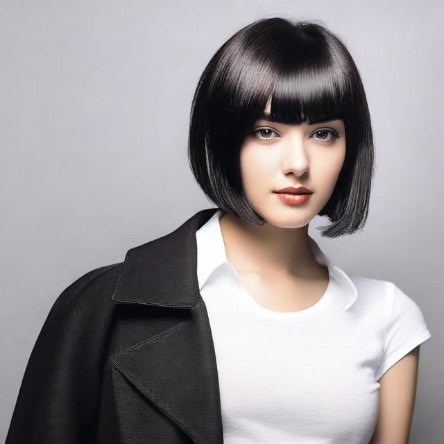 A girl with a stylish half bob haircut, one side black and the other side white