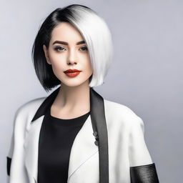 A girl with a stylish half bob haircut, one side black and the other side white