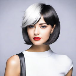 A girl with a stylish half bob haircut, one side black and the other side white