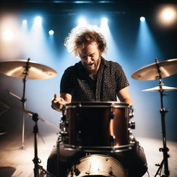 A dynamic and energetic image of a drummer performing on stage under bright lights, with a starry backdrop