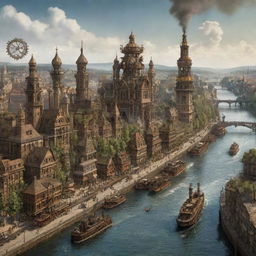 A steampunk-inspired depiction of Germany, presenting Berlin's cityscape interlaid with intricate machinery, the Rhine River bustling with steam-powered boats, and Black Forest unveiled with clockwork-infused wildlife.