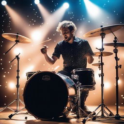 A dynamic and energetic image of a drummer performing on stage under bright lights, with a starry backdrop