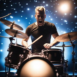 A dynamic and energetic image of a drummer performing on stage under bright lights, with a starry backdrop