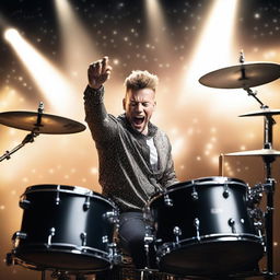 A dynamic and energetic image of a drummer performing on stage under bright lights, with a starry backdrop