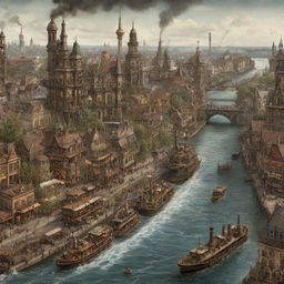 A steampunk-inspired depiction of Germany, presenting Berlin's cityscape interlaid with intricate machinery, the Rhine River bustling with steam-powered boats, and Black Forest unveiled with clockwork-infused wildlife.