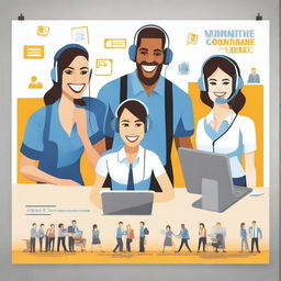 Create a movie poster titled 'Collaborative Space' featuring happy employees in a call center