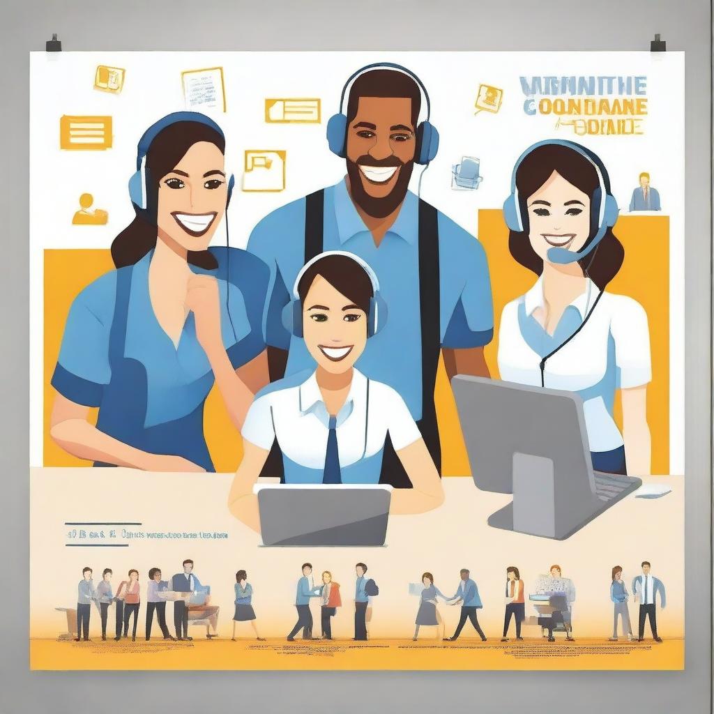 Create a movie poster titled 'Collaborative Space' featuring happy employees in a call center