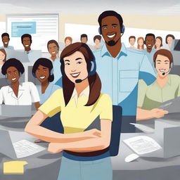 Create a movie poster titled 'Collaborative Space' featuring happy employees in a call center