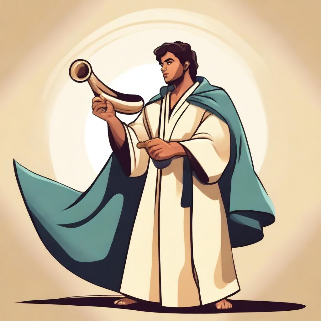 In the center of the vector image, depict a young Hispanic man in his 20s wearing a flowing robe and playing a shofar (ram's horn)