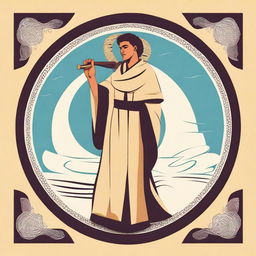 In the center of the vector image, depict a young Hispanic man in his 20s wearing a flowing robe and playing a shofar (ram's horn)