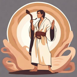 In the center of the vector image, depict a young Hispanic man in his 20s wearing a flowing robe and playing a shofar (ram's horn)