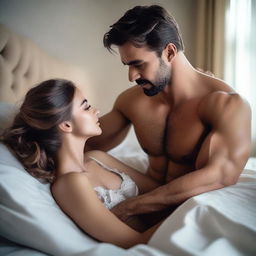 Create an image of a handsome man pinning a beautiful girl on a bed