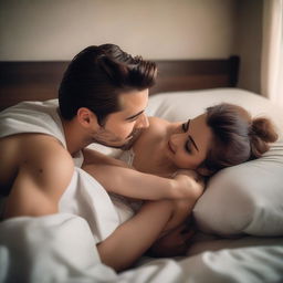 Create an image of a handsome man pinning a beautiful girl on a bed