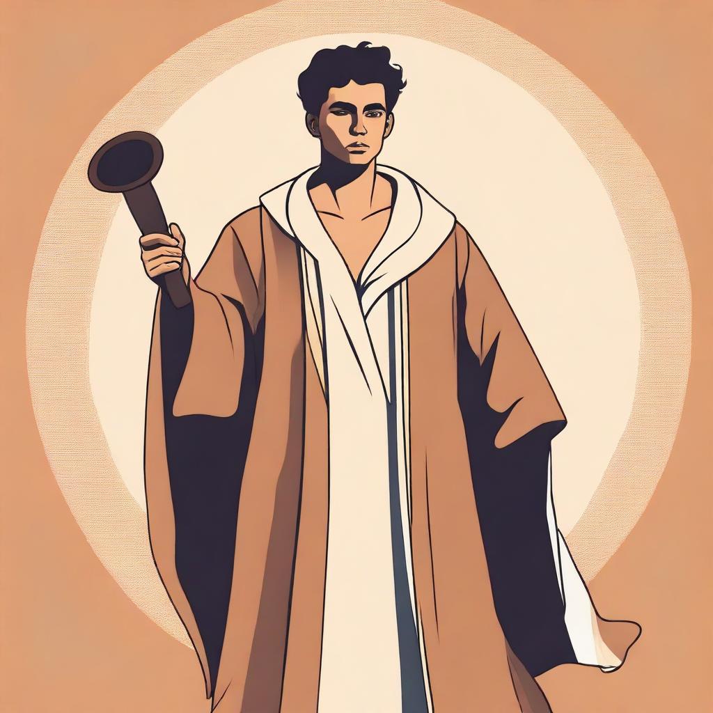 In the center of the vector image, depict a young Hispanic man in his 20s wearing a flowing robe and playing a shofar (ram's horn)