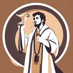 In the center of the vector image, depict a young Hispanic man in his 20s wearing a flowing robe and playing a shofar (ram's horn)