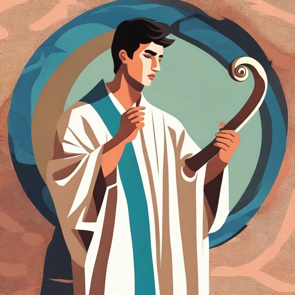 In the center of the vector image, depict a young Hispanic man in his 20s wearing a flowing robe and playing a shofar (ram's horn)