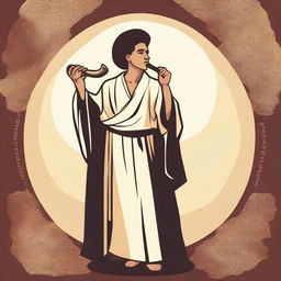 In the center of the vector image, depict a young Hispanic man in his 20s wearing a flowing robe and playing a shofar (ram's horn)