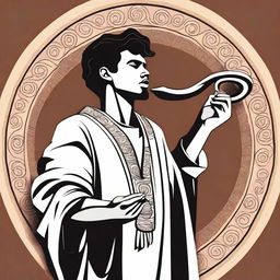 In the center of the vector image, depict a young Hispanic man in his 20s wearing a flowing robe and playing a shofar (ram's horn)