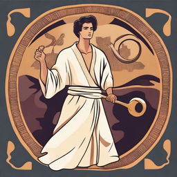 In the center of the vector image, depict a young Hispanic man in his 20s wearing a flowing robe and playing a shofar (ram's horn)