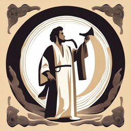 In the center of the vector image, depict a young Hispanic man in his 20s wearing a flowing robe and playing a shofar (ram's horn)