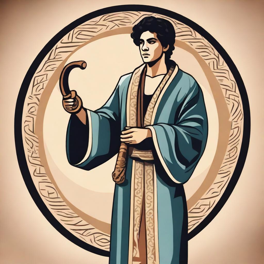 In the center of the vector image, depict a young Hispanic man in his 20s wearing a flowing robe and playing a shofar (ram's horn)