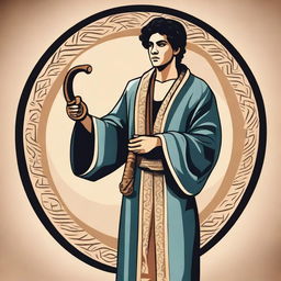 In the center of the vector image, depict a young Hispanic man in his 20s wearing a flowing robe and playing a shofar (ram's horn)