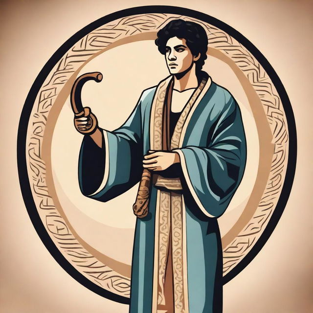 In the center of the vector image, depict a young Hispanic man in his 20s wearing a flowing robe and playing a shofar (ram's horn)