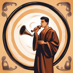 In the center of the vector image, depict a young Hispanic man in his 20s wearing a flowing robe and playing a shofar (ram's horn)