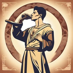 In the center of the vector image, depict a young Hispanic man in his 20s wearing a flowing robe and playing a shofar (ram's horn)