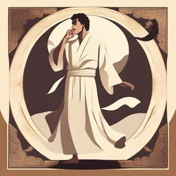 In the center of the vector image, depict a young Hispanic man in his 20s wearing a flowing robe and playing a shofar (ram's horn)