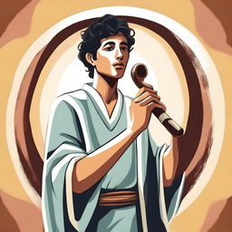 In the center of the vector image, depict a young Hispanic man in his 20s wearing a flowing robe and playing a shofar (ram's horn)