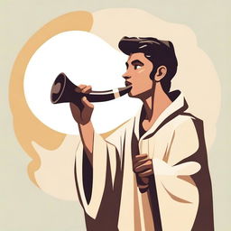 In the center of the vector image, depict a young Hispanic man in his 20s wearing a flowing robe and playing a shofar (ram's horn)