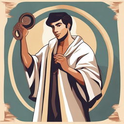 In the center of the vector image, depict a young Hispanic man in his 20s wearing a flowing robe and playing a shofar (ram's horn)