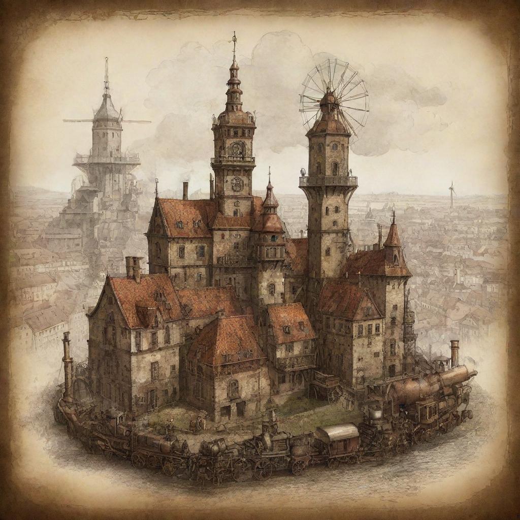 A creative illustration of Poland in a steampunk style, incorporating Krakow with a cityscape of antiquated metallic structures, countryside landscapes dotted with steam-powered windmills, and ancient castles touched with subtle gearwork.