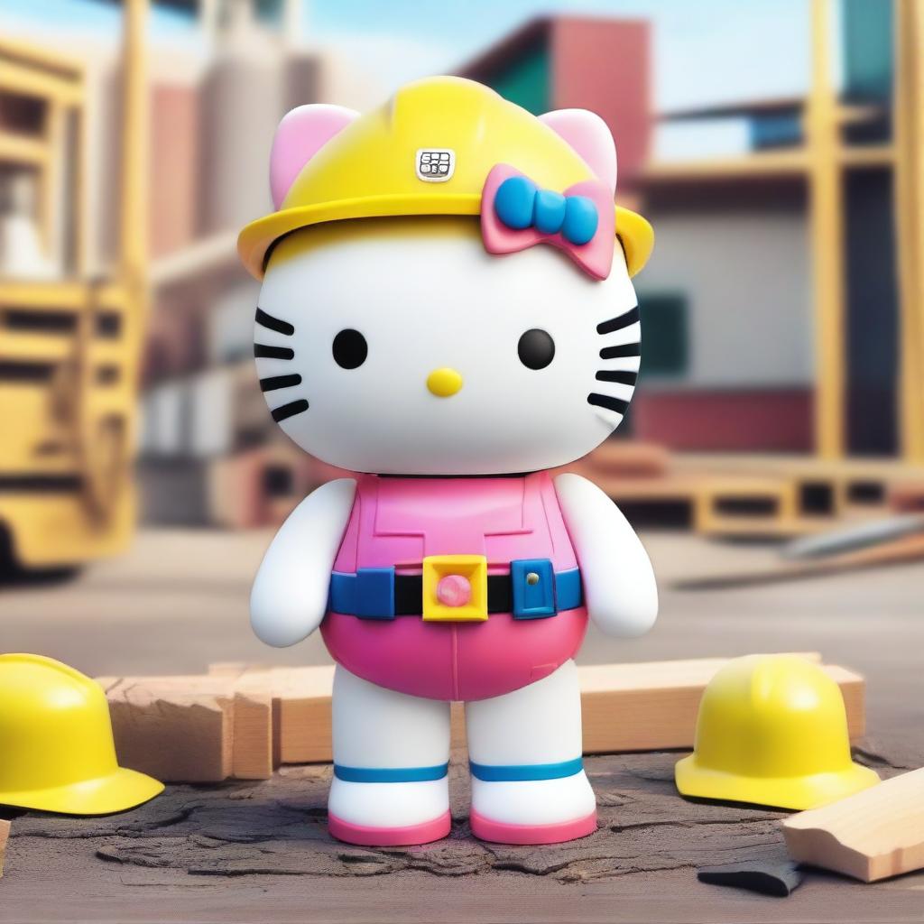 Create an image featuring Hello Kitty in a construction yard