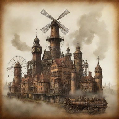 A creative illustration of Poland in a steampunk style, incorporating Krakow with a cityscape of antiquated metallic structures, countryside landscapes dotted with steam-powered windmills, and ancient castles touched with subtle gearwork.