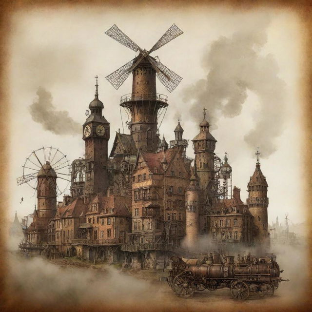 A creative illustration of Poland in a steampunk style, incorporating Krakow with a cityscape of antiquated metallic structures, countryside landscapes dotted with steam-powered windmills, and ancient castles touched with subtle gearwork.