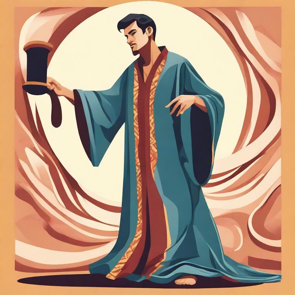 Create a full body vector image depicting a young Hispanic man in his 20s wearing a flowing robe and playing a shofar (ram's horn)