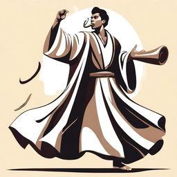 Create a full body vector image depicting a young Hispanic man in his 20s wearing a flowing robe and playing a shofar (ram's horn)