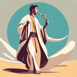 Create a full body vector image depicting a young Hispanic man in his 20s wearing a flowing robe and playing a shofar (ram's horn)