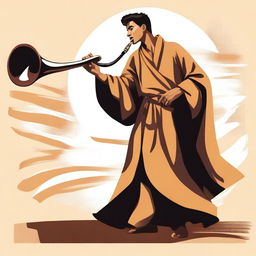 Create a full body vector image depicting a young Hispanic man in his 20s wearing a flowing robe and playing a shofar (ram's horn)