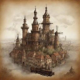 A creative illustration of Poland in a steampunk style, incorporating Krakow with a cityscape of antiquated metallic structures, countryside landscapes dotted with steam-powered windmills, and ancient castles touched with subtle gearwork.