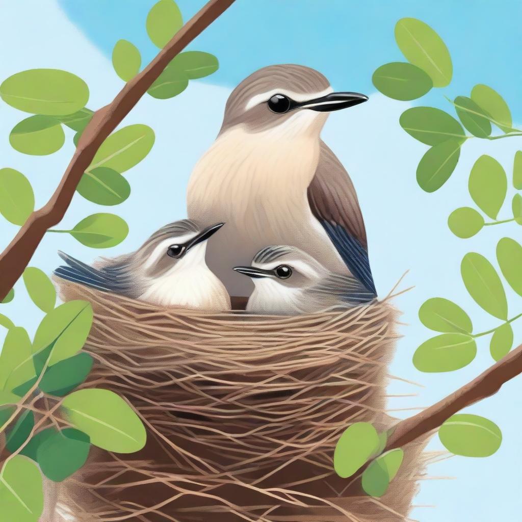 A detailed illustration of a weeverbird and her two nestlings in a cozy nest