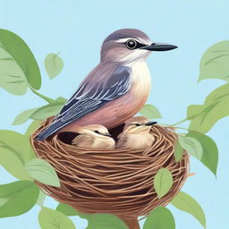 A detailed illustration of a weeverbird and her two nestlings in a cozy nest